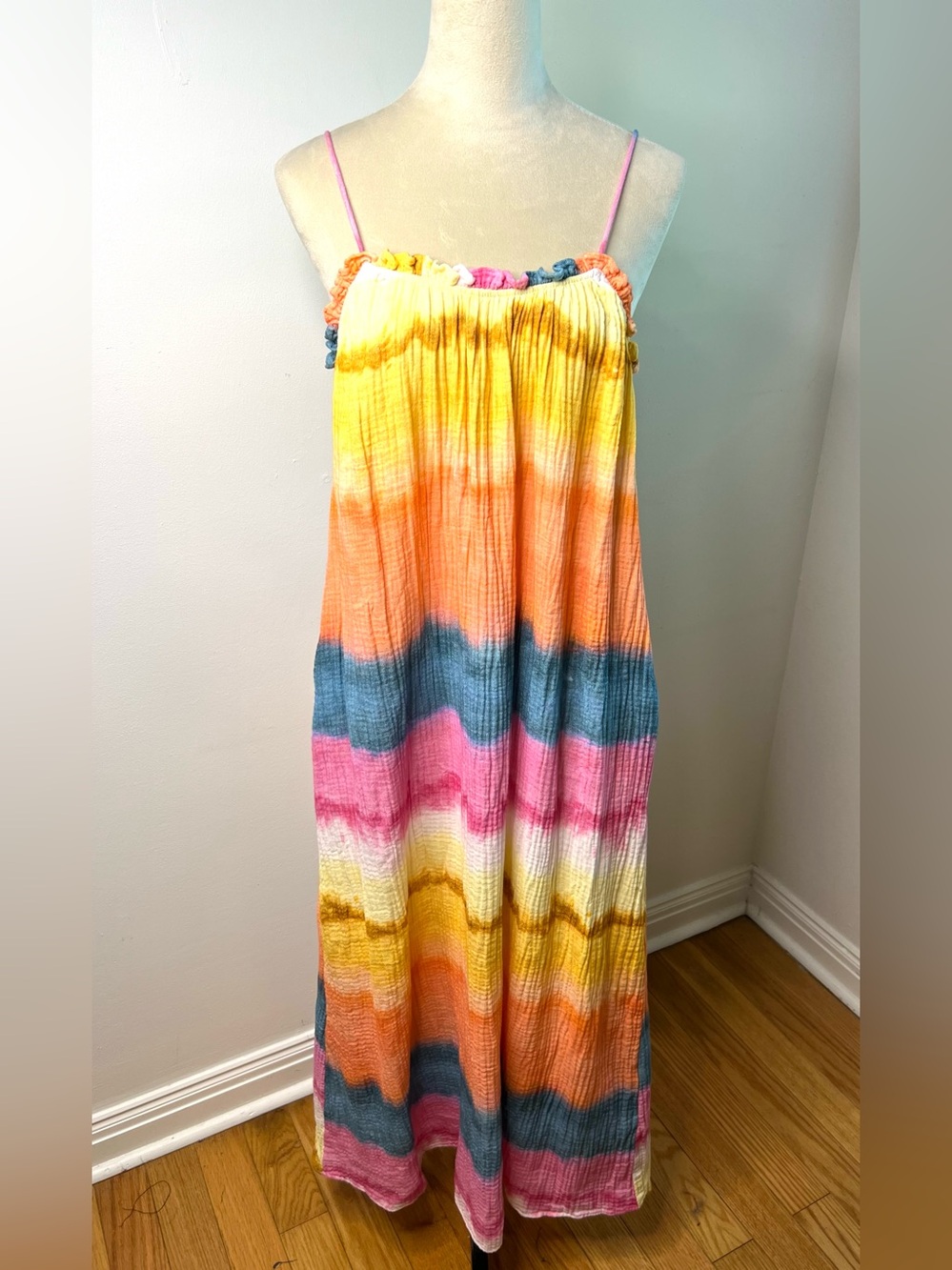 Zara Maxi Dress Tie Dye Cotton Gauze Spaghetti Straps Resort SZ M EUC